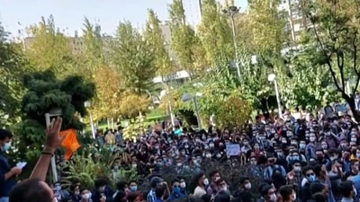 Iran Anti-Hijab Protests: Iranian students chanting slogans as they protest at Tehran's Amirkabir University of Technology.&nbsp; (AFP)