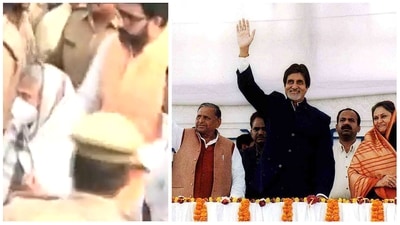 Jaya Bachchan and Abhishek Bachchan at Mulayam Singh Yadav's funeral in Saifai.