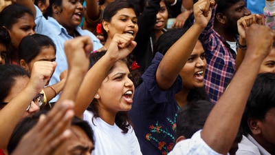 Bengaluru: Bangalore University students protest demanding ban on public vehicles in the premises after a MSc student Shilpa Shree was critically injured in an accident yesterday, in Bengaluru, Tuesday, Oct. 11, 2022. (PTI Photo)(PTI10_11_2022_000116A) (PTI) Bengaluru: Bangalore University students protest demanding ban on public vehicles in the premises after a MSc student Shilpa Shree was critically injured in an accident yesterday, in Bengaluru, Tuesday, Oct. 11, 2022. (PTI Photo)(PTI10_11_2022_000116A) (PTI)