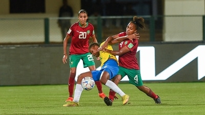 Players of Brazil and Morocco in action during their FIFA U-17 Women's World Cup 2022 match at Kalinga Stadium in Bhubaneswar (PTI) Players of Brazil and Morocco in action during their FIFA U-17 Women's World Cup 2022 match at Kalinga Stadium in Bhubaneswar (PTI)
