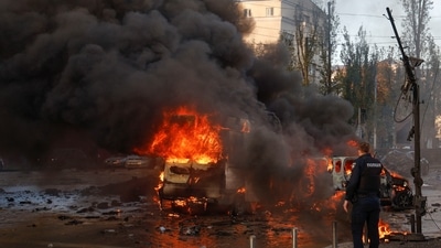 Russia-Ukraine War: Cars are seen on fire after Russian missile strikes, as Russia's attack continues, in Kyiv, Ukraine. (Reuters)