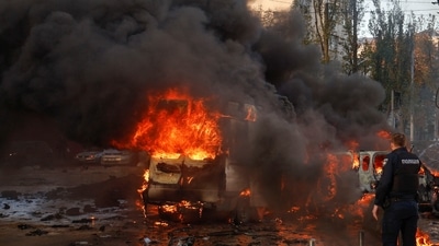 Russia-Ukraine War: Cars are seen on fire after Russian missile strikes, as Russia's attack continues, in Kyiv, Ukraine. (Reuters)