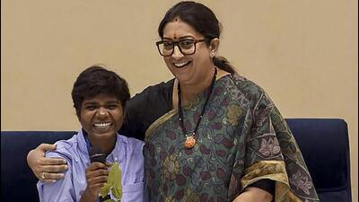 Union minister for women and child development Smriti Irani on the occasion of the International Day of the Girl Child in New Delhi on Tuesday. (PTI Photo) Union minister for women and child development Smriti Irani on the occasion of the International Day of the Girl Child in New Delhi on Tuesday. (PTI Photo)