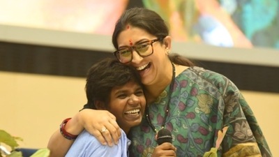 Union minister for women and child development Smriti Irani on the occasion of the International Day of the Girl Child in New Delhi on Tuesday. (Twitter/ @smritiirani)