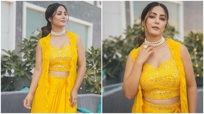 Hina Khan in traditional yellow outfit serves Karwa Chauth fashion inspiration for new brides. (Instagram) Hina Khan in traditional yellow outfit serves Karwa Chauth fashion inspiration for new brides. (Instagram)