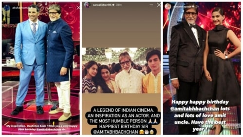  Akshay Kumar, Sara Ali Khan and Sonam Kapoor wished Amitabh on his birthday via Instagram Stories. Akshay Kumar, Sara Ali Khan and Sonam Kapoor wished Amitabh on his birthday via Instagram Stories.