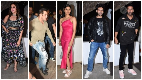 Huma Qureshi, Salman Khan, Alizeh Agnihotri, Kartik Aaryan and Akshay Kumar at Ashvini Yardi's bash. (Varinder Chawla) Huma Qureshi, Salman Khan, Alizeh Agnihotri, Kartik Aaryan and Akshay Kumar at Ashvini Yardi's bash. (Varinder Chawla)
