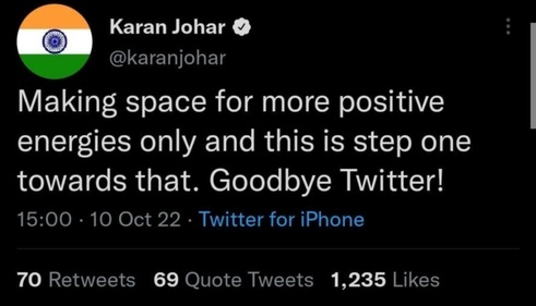 Karan Johar's tweet announcing his exit from Twitter.