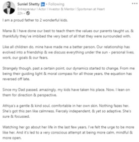 Suniel Shetty shared a note for his children. (LinkedIn/@SuneilShetty)