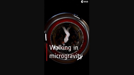 The image, taken from the video shared on Instagram by the European Space Agency, shows astronaut Samantha Cristoforetti walking in microgravity.(Instagram/@europeanspaceagency)