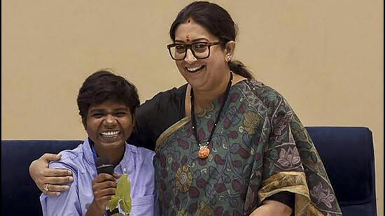 Union minister for women and child development Smriti Irani on the occasion of the International Day of the Girl Child in New Delhi on Tuesday. (PTI Photo)