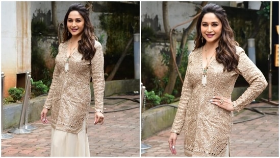Madhuri Dixit steals the show at Jhalak Dikhhla Jaa 10 shoot in a traditional look.&nbsp;
