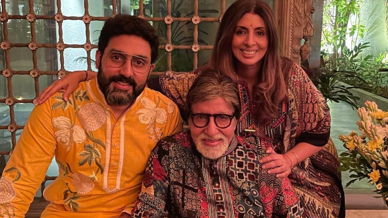 Abhishek Bachchan, Shweta Bachchan pose with Amitabh Bachchan at birthday party: ‘Twinning and winning’