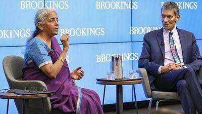 Union finance minister Nirmala Sitharaman at The Brookings Institution in Washington on Tuesday. (PTI Photo) Union finance minister Nirmala Sitharaman at The Brookings Institution in Washington on Tuesday. (PTI Photo)