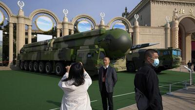 Chinese military vehicles carrying the Dong Feng 41 and DF-17 ballistic missiles are at an exhibition highlighting President Xi Jinping and China’s achievements under his leadership in Beijing, on Wednesday. (AP) Chinese military vehicles carrying the Dong Feng 41 and DF-17 ballistic missiles are at an exhibition highlighting President Xi Jinping and China’s achievements under his leadership in Beijing, on Wednesday. (AP)
