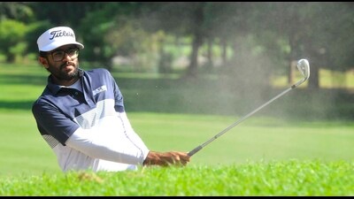 Karandeep Kochhar, whose team finished sixth at the Pro-Am event of the Jeev Milkha Singh Invitational, in action at the Chandigarh Golf Club on Wednesday. (Keshav Singh/HT)
