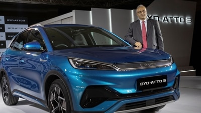 Sanjay Gopalakrishnan, Senior Vice President of Electric Passenger Vehicles of BYD India, poses with a Atto 3 electric SUV car during its launch in New Delhi, India, October 11, 2022. REUTERS/Adnan Abidi