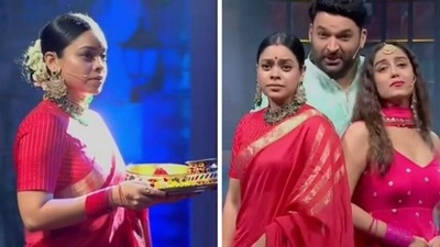 Kapil Sharma with Sumona Chakravarti and Srishty Rode on the sets of The Kapil Sharma Show.&nbsp;