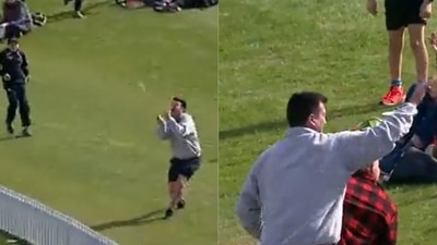 A fan caught Glenn Phillips' massive six near the cow corner. (Twitter)