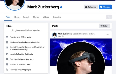 Screenshot of CEO Mark Zuckerberg's Facebook profile displaying his reduced follower count. (Facebook)