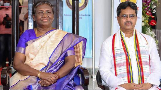 President Droupadi Murmu with Tripura chief minister Manik Saha at the foundation stone laying ceremony of the National Law University in Narsingarh on Wednesday. (PTI Photo)