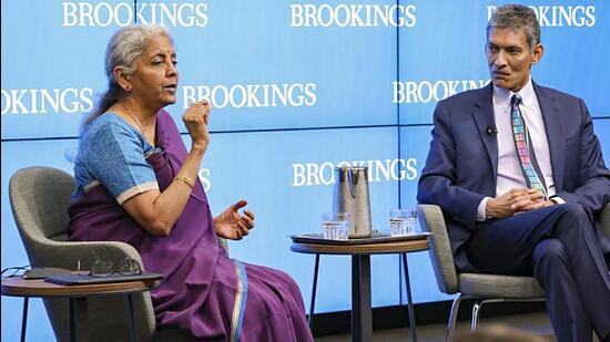 Union finance minister Nirmala Sitharaman at The Brookings Institution in Washington on Tuesday. (PTI Photo)