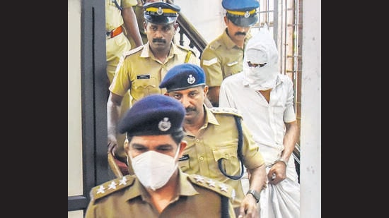 Mohammed Shafi, one of the accused in the Elanthoor 'human sacrifice' case, being produced at court, in Kochi, Wednesday, Oct. 12, 2022. All three accused have been remanded to judicial custody till October 26 by the court on Wednesday. (PTI)