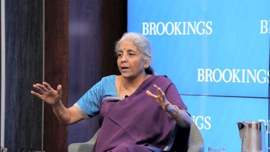 Union finance minister Nirmala Sitharaman speaks to scholars of the Brookings Institution in Washington on Tuesday. (PTI)