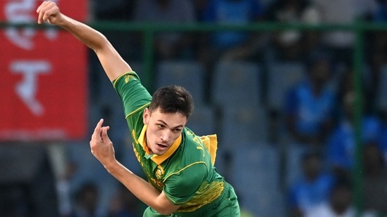South Africa's Marco Jansen bowls during the third and final one-day international (ODI) cricket match between India and South Africa (AFP)