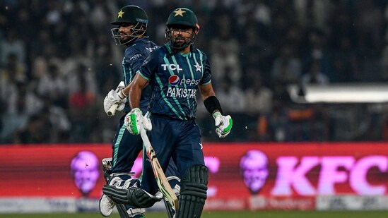 Babar Azam (R) with teammate Mohammad Nawaz (L) in action for Pakistan.(AFP)