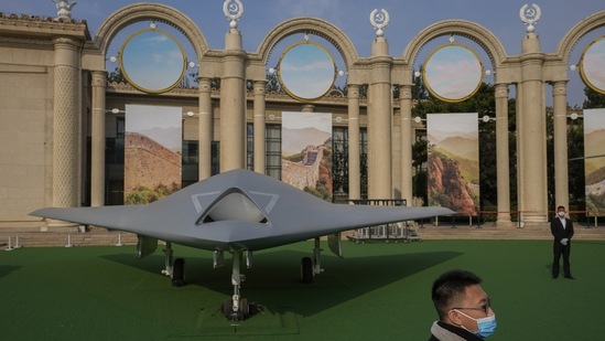 China's stealth UCAV drone GJ-11 on display at an exhibition in Beijing highlighting President Xi Jinping's achievements under his leadership in the past two terms.(AP)