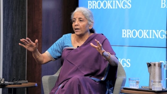 Union finance minister Nirmala Sitharaman speaks to scholars of The Brookings Institution in Washington on Tuesday,&nbsp;(PTI)