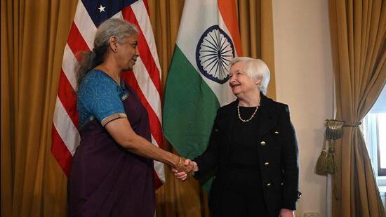 US treasury secretary Janet Yellen and Union finance minister Nirmala Sitharaman. (AFP)