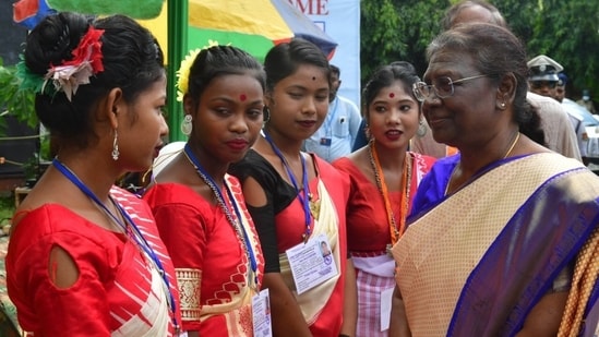 President Murmu interacts with women tea workers of Durgabari Tea Estate in Agartala, Tripura..(ANI)
