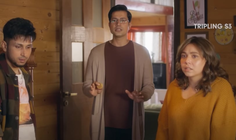 Sumeet Vyas, Maanvi Gagroo, and Amol Parashar in Tripling 3. Sumeet Vyas, Maanvi Gagroo, and Amol Parashar in Tripling 3.