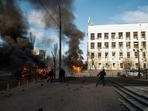 Cars on fire after Russia's missile attack in Kyiv, Ukraine, October 10.&nbsp;