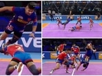 Naveen Kumar Goyat evades a tackle during Dabang Delhi vs UP Yoddha in PKL 9(Twitter) Naveen Kumar Goyat evades a tackle during Dabang Delhi vs UP Yoddha in PKL 9(Twitter)