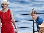 Left- Elizabeth Debicki and Rufus Kampa as Princess Diana and Prince William on The Crown sets. Right- A picture of a teen Prince William. Left- Elizabeth Debicki and Rufus Kampa as Princess Diana and Prince William on The Crown sets. Right- A picture of a teen Prince William.