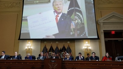 The US House Select Committee to Investigate the January 6 Attack on the U.S. Capitol displays a video of former President Donald Trump at the White House on December 2, 2020 during the committee's public hearing on Capitol Hill in Washington, on October 13, 2022.&nbsp; (REUTERS)