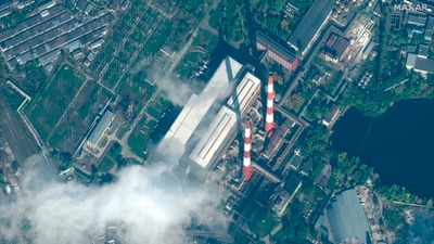 This satellite image provided by Maxar Technologies shows damage to a power station in Kyiv, Ukraine on Wednesday, October 12 after a Russian attack. (AP)