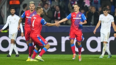 Plzen's Adam Vlkanova, second from right, celebrates with his teammates after scoring his side's opening goal during the Champions League group C soccer match between Viktoria Plzen and Bayern Munich at the Doosan Arena in Plzen (AP) Plzen's Adam Vlkanova, second from right, celebrates with his teammates after scoring his side's opening goal during the Champions League group C soccer match between Viktoria Plzen and Bayern Munich at the Doosan Arena in Plzen (AP)