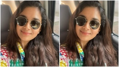 Keerthy, for the midweek, opted for a multicoloured cropped shirt. The shirt featured checkered patterns in shades of blue, green, red, yellow and pink, and also featured a knot detail at the waist. (Instagram/@keerthysureshofficial)