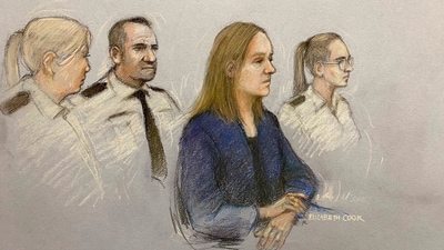 This court artist sketch by Elizabeth Cook shows Lucy Letby appearing in the dock at Manchester Crown Court, in Manchester, England. (AP) This court artist sketch by Elizabeth Cook shows Lucy Letby appearing in the dock at Manchester Crown Court, in Manchester, England. (AP)