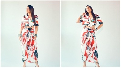 Sonakshi Sinha has kickstarted the promotions of her upcoming film Double XL which also stars Huma Qureshi. For the first day of promotions, the Dabaang actor donned a multi-coloured quirky printed co-ord set. (Instagram/@aslisona) Sonakshi Sinha has kickstarted the promotions of her upcoming film Double XL which also stars Huma Qureshi. For the first day of promotions, the Dabaang actor donned a multi-coloured quirky printed co-ord set. (Instagram/@aslisona)