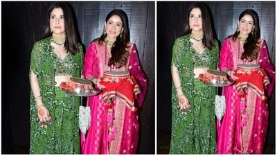BFFs Bhavna Panday and Maheep Kapoor, dressed in traditional attire, posed for the paparazzi as they arrive at Sunita Kapoor's residence for Karwa Chauth celebrations. (HT Photo/Varinder Chawla) BFFs Bhavna Panday and Maheep Kapoor, dressed in traditional attire, posed for the paparazzi as they arrive at Sunita Kapoor's residence for Karwa Chauth celebrations. (HT Photo/Varinder Chawla)