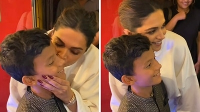Deepika Padukone kisses Bhavin Rabari at Chhello Show screening.&nbsp;