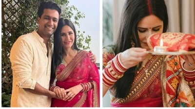 Katrina Kaif and Vicky Kaushal on the occasion of their first Karwa Chauth after marriage. Katrina Kaif and Vicky Kaushal on the occasion of their first Karwa Chauth after marriage.