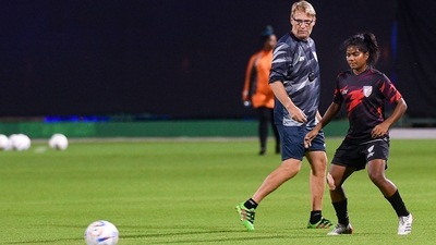 Indian women's football team coach Thomas Dennerby and captain Astam Oraon during their training session on the eve of their FIFA U-17 Women's World Cup (PTI) Indian women's football team coach Thomas Dennerby and captain Astam Oraon during their training session on the eve of their FIFA U-17 Women's World Cup (PTI)