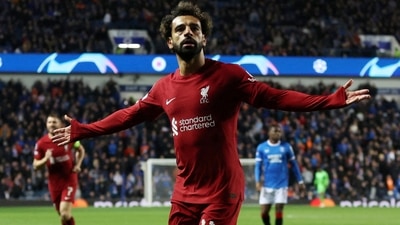 Champions League - Group A - Rangers v Liverpool - Ibrox Stadium, Glasgow, Scotland, Britain - October 12, 2022 Liverpool's Mohamed Salah celebrates scoring their sixth goal (Action Images via Reuters)