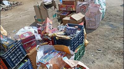 Deputy superintendent of police (DSP), CM’s flying squad, Inderjeet Yadav said the police team, acting on a tip about the sale of illegal firecrackers, raided Star Night Fireworks near Gadoli village in Sector 37. (HT Photo)